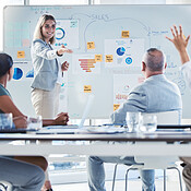 Sales presentation, marketing and finance business people in meeting ...