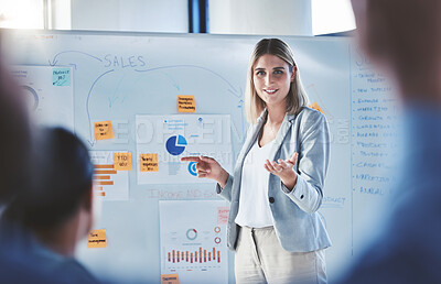 Buy stock photo Sales woman, marketing and finance presentation on whiteboard for business meeting, workshop planning and team leadership mentor. Manager speaker talking, training and working on vision strategy idea