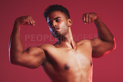 Buy stock photo Fitness health, strong muscles and sports man with healthy body against red mockup studio background. Mock up of thinking, sport and Indian professional bodybuilder and weightlifter flexing muscle