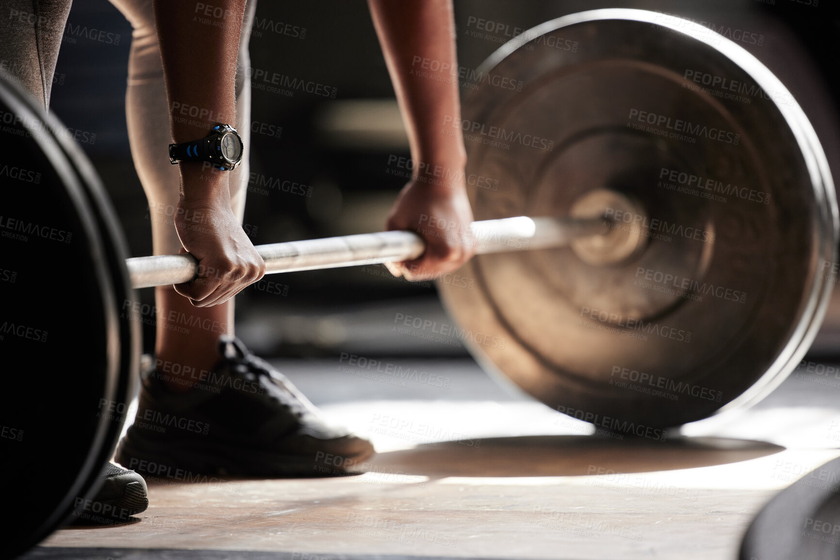 Buy stock photo Barbell deadlift hands, strong fitness and power of black woman, athlete and bodybuilder in gym, sports workout and exercise. Closeup floor start, healthy muscle training and heavy challenge lifting