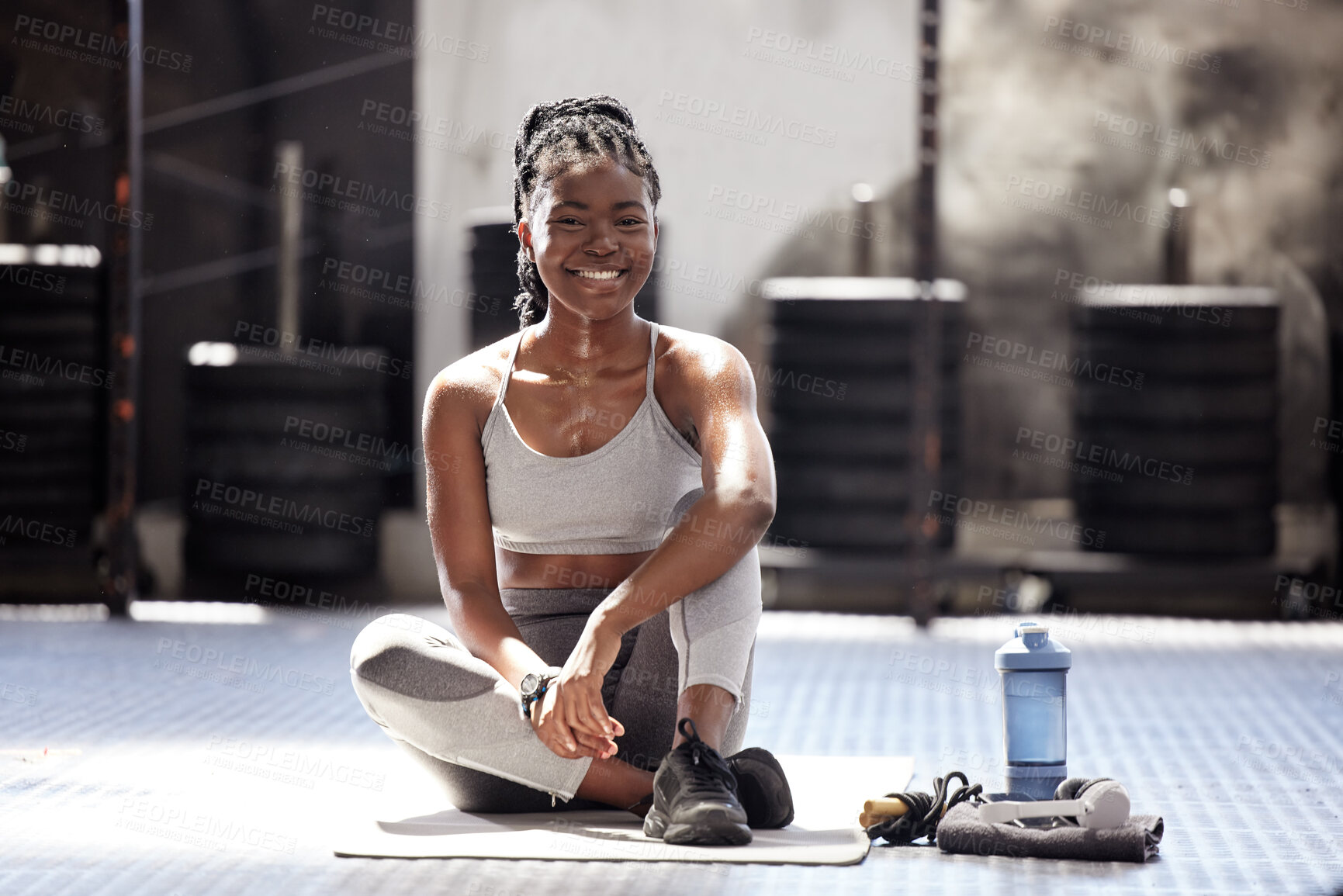 Buy stock photo Black woman, fitness break and exercise workout in sports gym, training club and wellness. Portrait of happy, motivation and strong african athlete with healthy lifestyle, goal vision and active rest