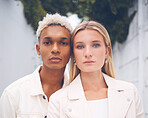 Model designer, love and diversity couple portrait of couple, friends and collaboration or teamwork at work. Partnership, influencer and design with beauty, creative and fashion man and woman