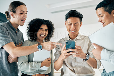 Buy stock photo Diversity, startup and a happy team of women and men on a phone, after meeting and laughing at social media. Teamwork, motivation and tech for office employees. Happy friends or students having fun