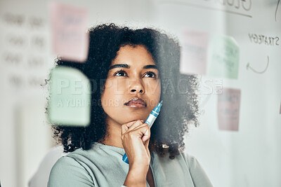 Buy stock photo Thinking of marketing strategy on sticky note, post it paper for planning creative advertising idea and thinking of reminder on glass board. Business woman with plan for startup company at work