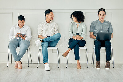 Buy stock photo Recruitment, UX web design team Interview in digital tech company, job or corporate waiting room. Portrait of creative marketing hiring staff, designer and website SEO people ready for recruit. 
