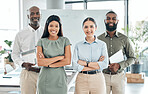 Team, leadership and diversity portrait of motivation with happy business people with arms crossed in office. Women and black men working together for collaboration, innovation and vision for success