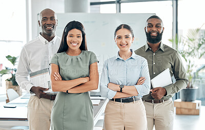Buy stock photo Team, leadership and diversity portrait of motivation with happy business people with arms crossed in office. Women and black men working together for collaboration, innovation and vision for success