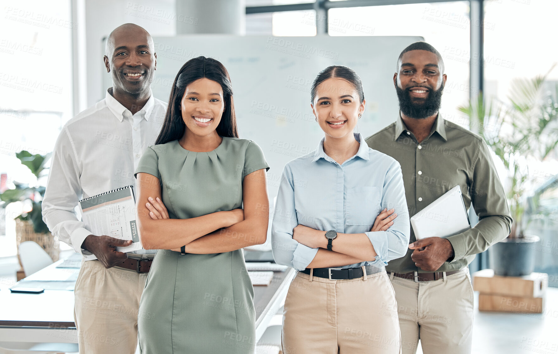 Buy stock photo Team, leadership and diversity portrait of motivation with happy business people with arms crossed in office. Women and black men working together for collaboration, innovation and vision for success