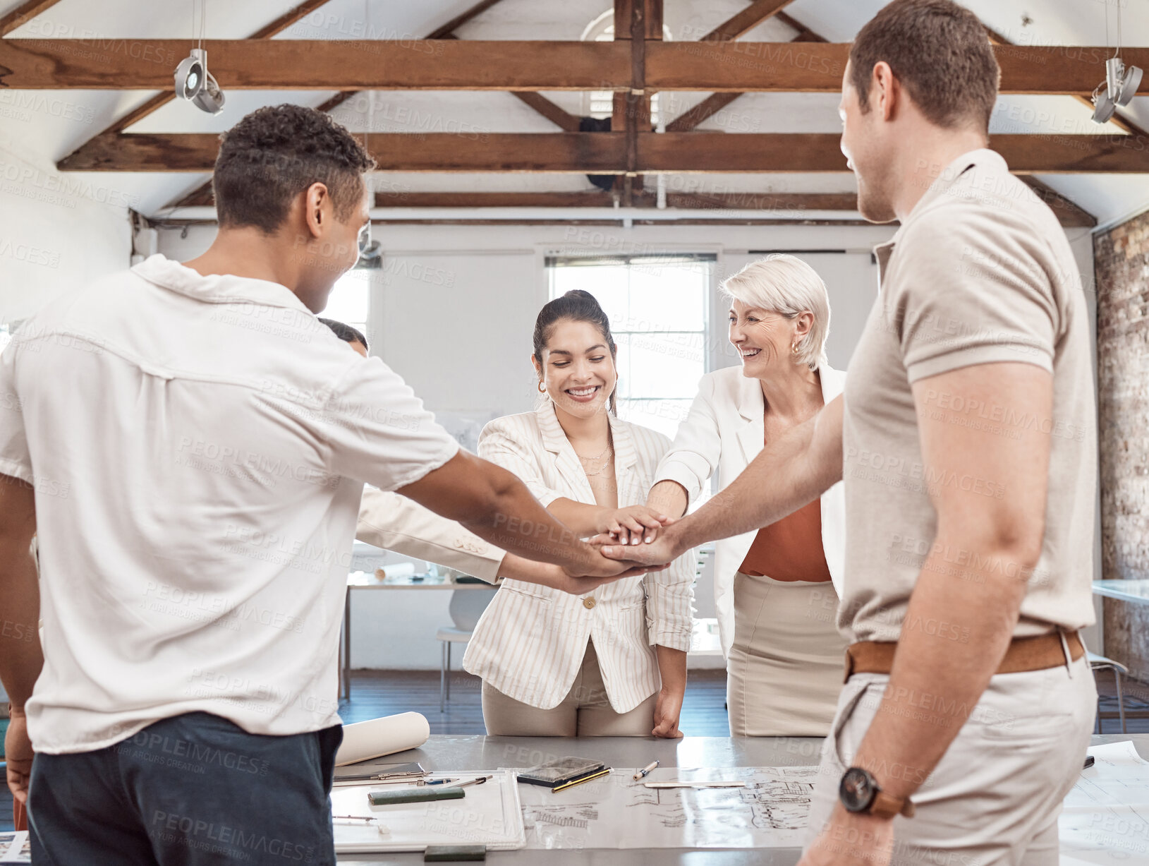 Buy stock photo Hands, motivation or teamwork with architect, building engineer or real estate construction worker with success office deal. Diversity, collaboration and men and women with smile over property vision