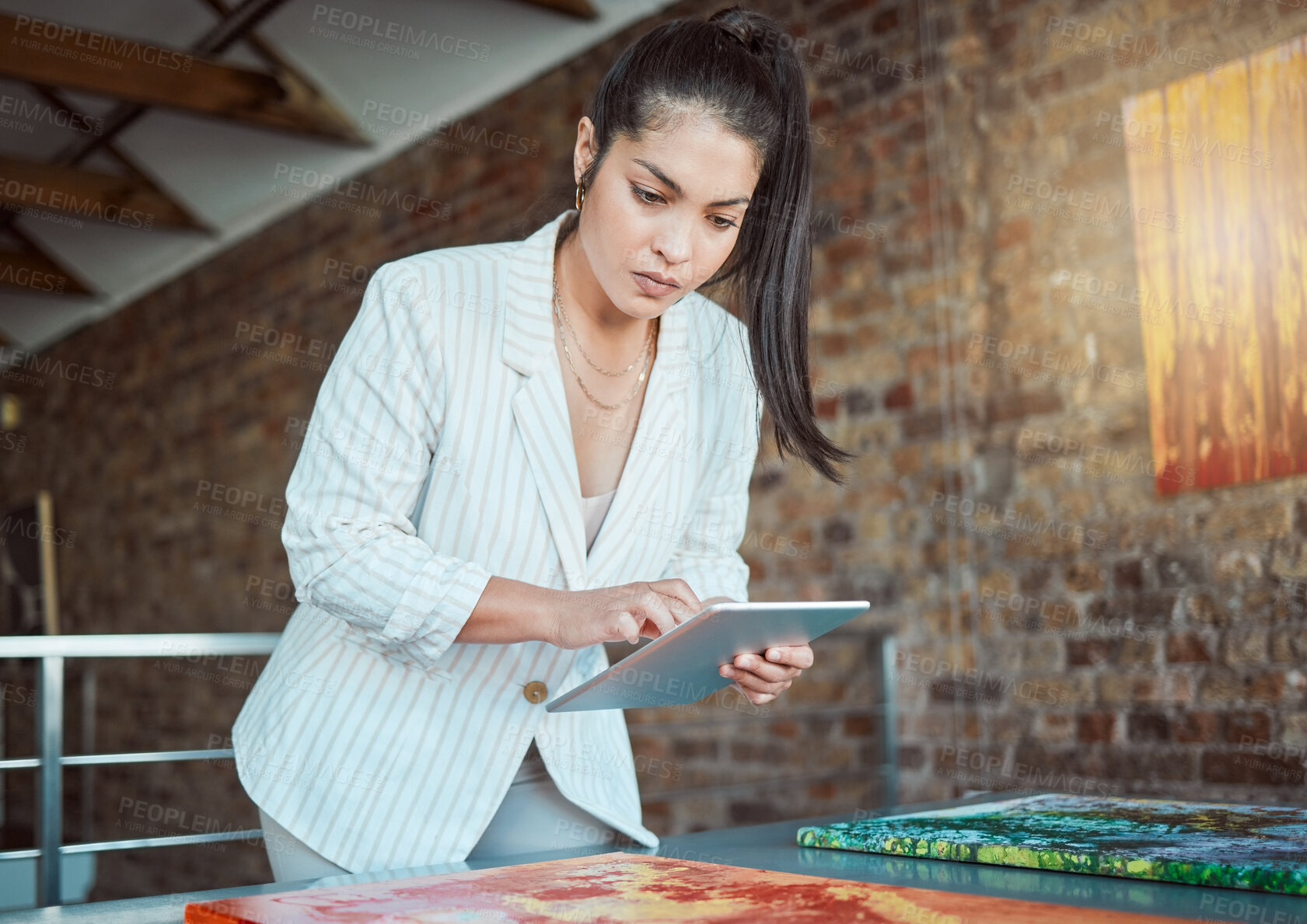 Buy stock photo Museum, art and painting woman with tablet, SEO or marketing creative designer planning strategy for exhibition on social media. Web design, digital  and tech leader advertising expo on website app
