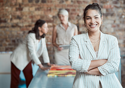 Buy stock photo Leadership, proud and portrait of business woman in strategy, planning and collaboration meeting for vision, mission and career motivation. Team leader or manager with a goal for company development
