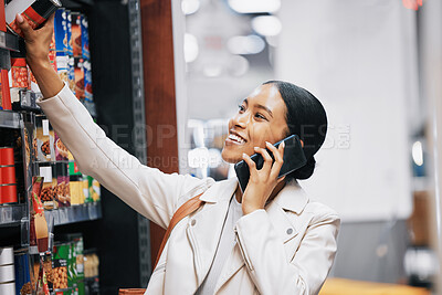 Buy stock photo Happy supermarket, grocery shopping and customer with 5g phone, smile and in retail store for food, groceries or product from shelf. Woman with smartphone, communication of sale and on call in shop