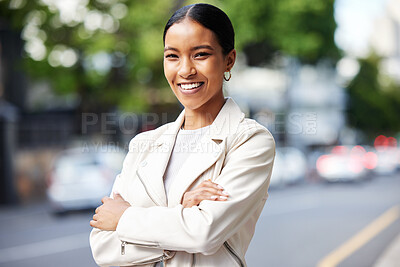 Buy stock photo Business woman working for corporate company in the city, smile for management and happy with leadership at work. Portrait of a professional African employee, worker or manager with arms crossed