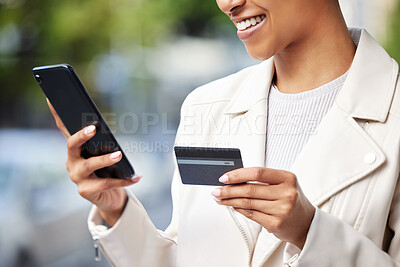 Buy stock photo Fintech business woman with phone online shopping, ecommerce and credit card doing financial payment or banking. Corporate finance hands using a 5g network and safe digital bank app or software