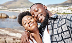 Black couple, selfie and smile for happy seaside fun, carefree and relaxing sunny day outdoors. Portrait of love, summer and african people with photos on holiday, romance getaway and honeymoon date
