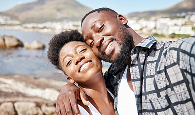 Buy stock photo Black couple, selfie and smile for happy beach fun, carefree and relaxing sunny day outdoors. Portrait of love, summer and african people with photos on holiday, romance getaway and honeymoon date