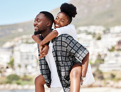 Buy stock photo Love, couple and beach with a playful man and woman enjoying a holiday or vacation on the coast together. Travel, summer and romance with a boyfriend and girlfriend bonding outside during a sunny day