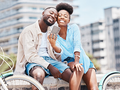 Buy stock photo City travel, bicycle and selfie couple with smartphone on a date, vacation or summer holiday. Happy portrait man and woman or black people smile in photo for social media content or vlogging memories