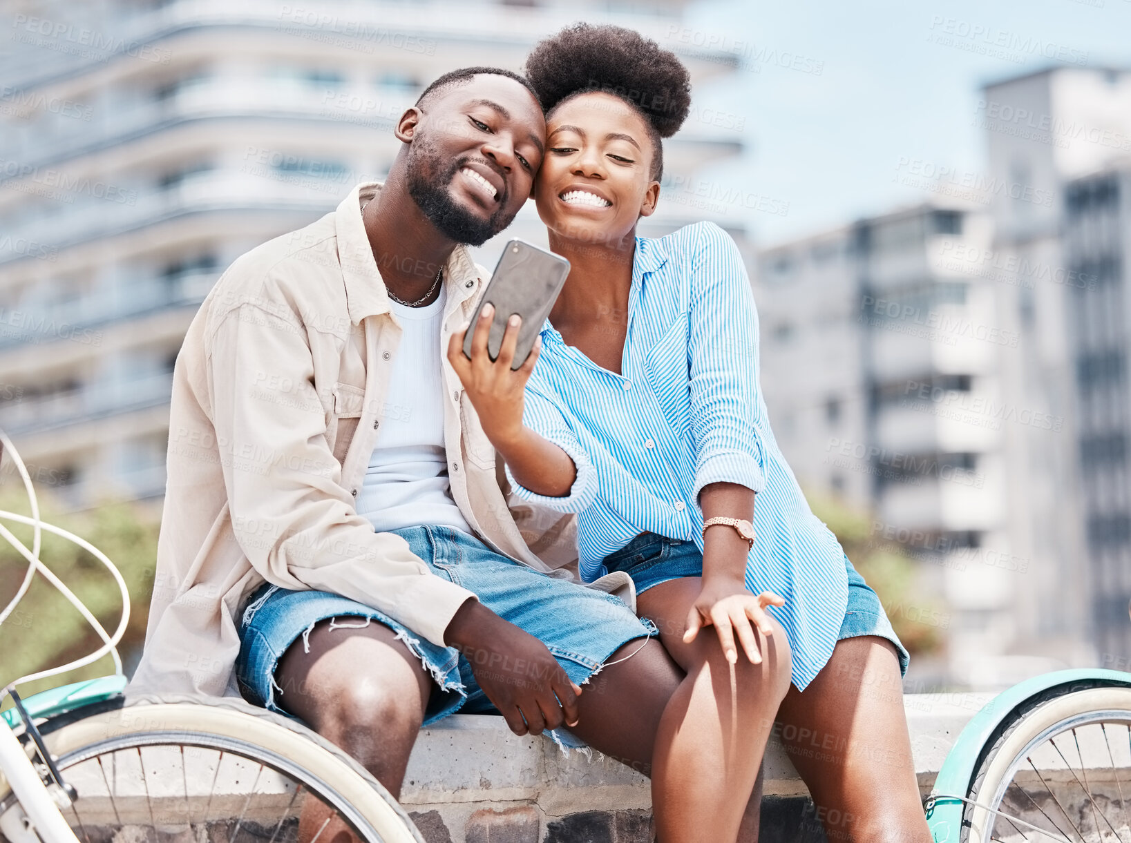 Buy stock photo City travel, bicycle and selfie couple with smartphone on a date, vacation or summer holiday. Happy portrait man and woman or black people smile in photo for social media content or vlogging memories