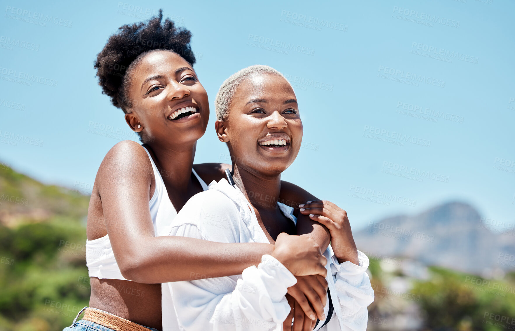 Buy stock photo Smile, love and gay or lesbian with black couple women bonding at beach or sea in summer. Freedom, happy and LGBT portrait of fun friends or girlfriend on holiday, vacation or honeymoon by the coast