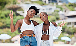 Black women, friends and face portrait peace sign outdoor on a trip, vacation or summer holiday. Happy African girls, photograph on a nature adventure or hangout gathering with a smile together.


