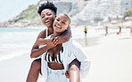 Beach, black woman and fun friends carrying by sea, ocean water or nature background on summer break in Miami, Florida. Portrait of smile, happy women and comic people in freedom and bikini on travel