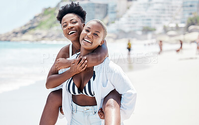 Buy stock photo Beach, black woman and fun friends carrying by sea, ocean water or nature background on summer break in Miami, Florida. Portrait of smile, happy women and comic people in freedom and bikini on travel