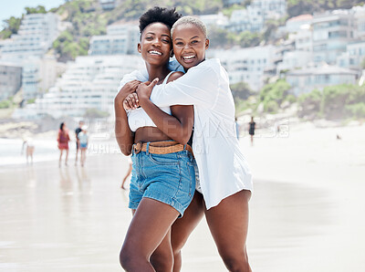 Buy stock photo Portrait of happy friends on beach travel vacation, holiday or spring break to tropical island paradise. Black women on a girls trip to the sea or ocean for summer, sun and relax at water seaside