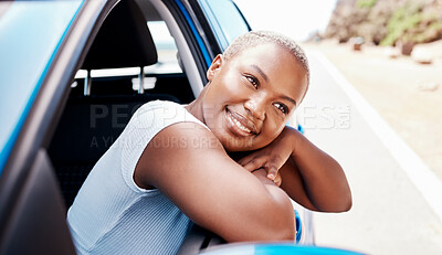 Buy stock photo Happy woman, road trip and travel with a young black female leaning over car window while sitting in her vehicle during summer. Happy and beautiful girl sightseeing to relax on a solo adventure ride