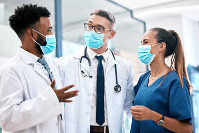 Buy stock photo Doctor, nurse and covid with a team of healthcare or medical workers working together in collaboration in a hospital. Mask, teamwork and insurance with professional medicare personnel in a clinic