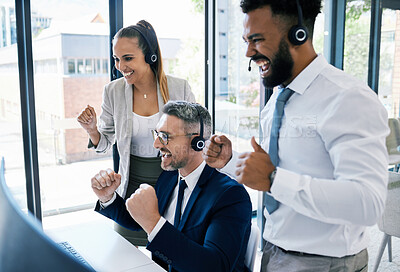 Buy stock photo Winning call center agency or online team celebration for target success or goal with fist pump hands in a video call. Sales, telemarketing or ecommerce business people with review, report or results