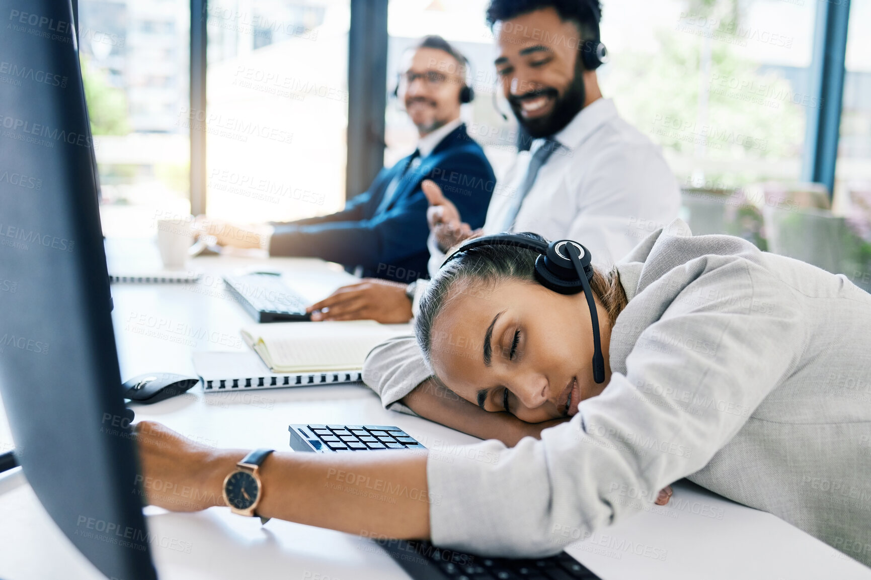 Buy stock photo Burnout, tired and sleep at desk with call center employee at desk in customer service, ecommerce or telemarketing company. Business woman, exhausted and overworked customer support agent in office