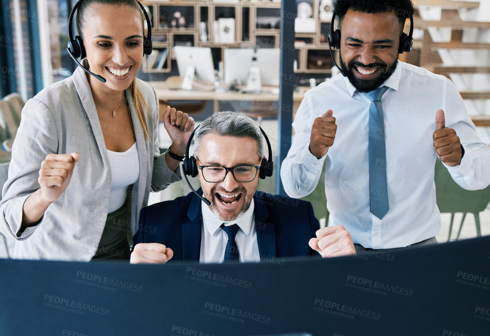 Buy stock photo Call center, customer support and celebration with a team of service people saying yes, wow and giving thumbs up. Crm, thank you or contact us with a winner consultant group working in telemarketing