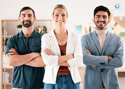 Buy stock photo Woman leader, ceo and successful teamwork management with collaboration, company vision and happy office. Portrait group of business people, proud designers and smile professionals in unity together