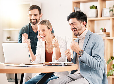 Buy stock photo Success and web win of office staff on a computer winning a business deal or online casino hand. Celebration of winner trading team happy about internet work bonus and good news using technology