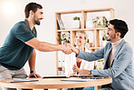 Handshake, teamwork and collaboration with a team shaking hands during a meeting in the office for planning and development. Thank you, partnership and contract with business people in the boardroom