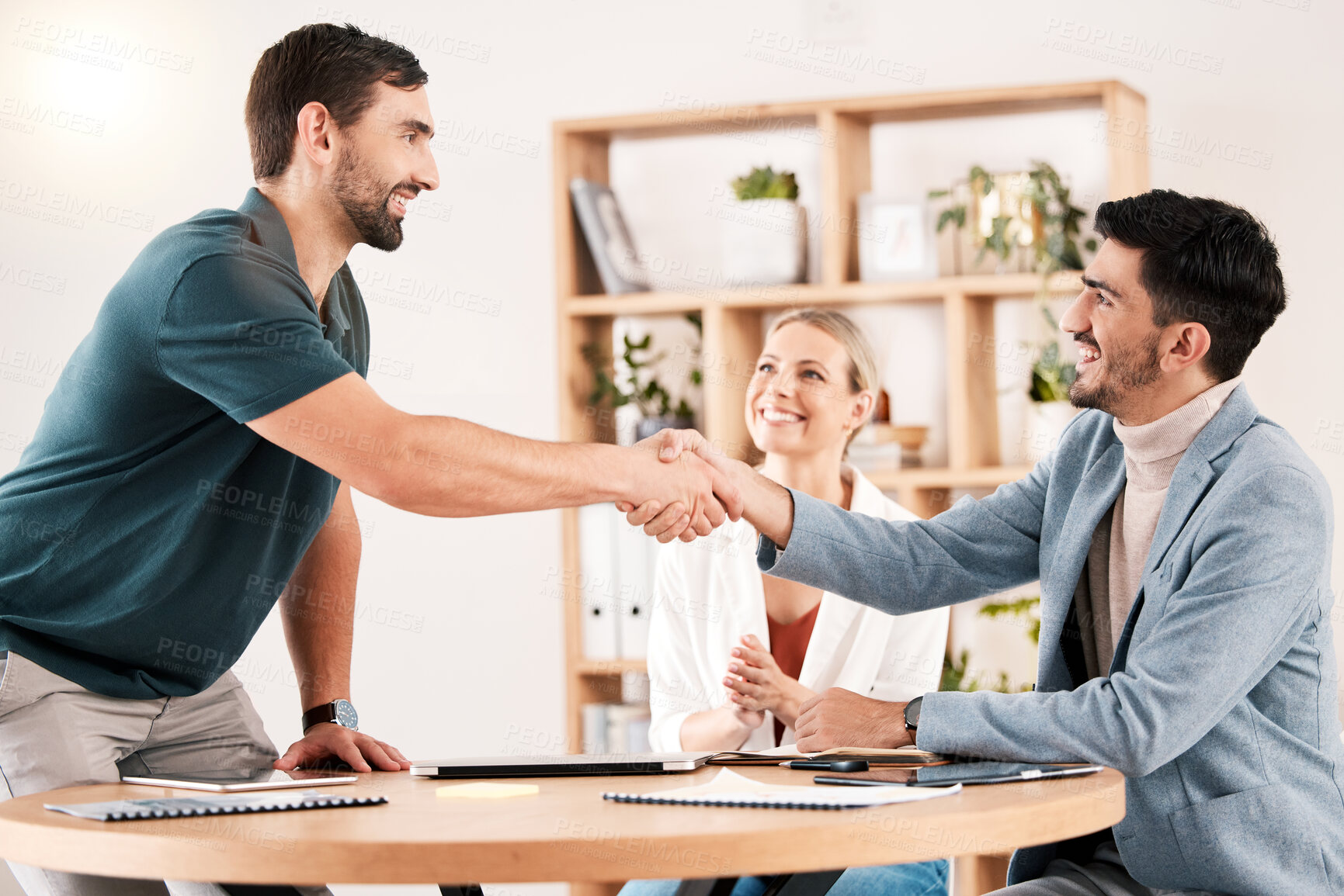 Buy stock photo Handshake, teamwork and collaboration with a team shaking hands during a meeting in the office for planning and development. Thank you, partnership and contract with business people in the boardroom