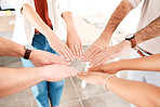 Hands of business people in circle for support, Team building for motivation and success in corporate partnership in work office. Employees, workers and people with community, vision and trust