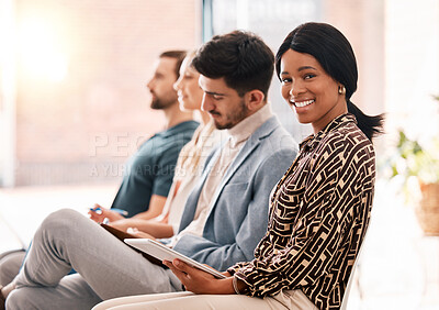 Buy stock photo Business people, digital agency and interview with black woman in corporate, hiring or onboarding company. Recruitment, motivation and training with employees in seminar, conference or workshop