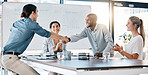 Diversity b2b people, handshake and collaboration for promotion, success deal or company innovation idea. Business meeting, thank you and partnership in teamwork or collaboration with client.