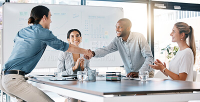 Buy stock photo Diversity b2b people, handshake and collaboration for promotion, success deal or company innovation idea. Business meeting, thank you and partnership in teamwork or collaboration with client.