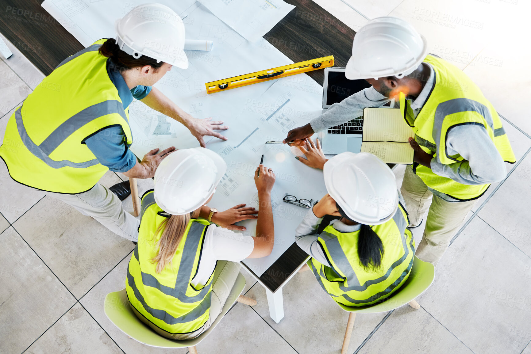 Buy stock photo Engineer, architect or construction team workers working on creative innovation, planning and strategy design plan for building. Teamwork, meeting and industrial architecture business model idea