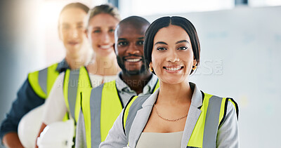 Buy stock photo Diversity, team and portrait of engineering employees standing in an industrial office. Industry workers working on a site development project together in a corporate room at the staff warehouse.