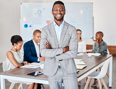 Buy stock photo Motivation, success and black leader in business meeting, team collaboration on a mission or vision. Diverse corporate employee group planning and thinking, sharing their idea or strategy for project