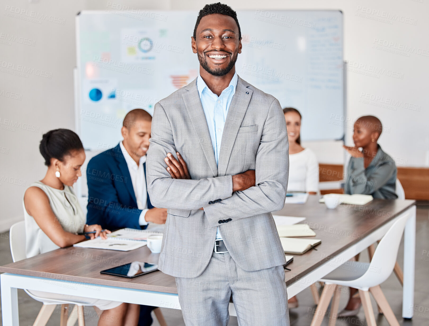 Buy stock photo Motivation, success and black leader in business meeting, team collaboration on a mission or vision. Diverse corporate employee group planning and thinking, sharing their idea or strategy for project