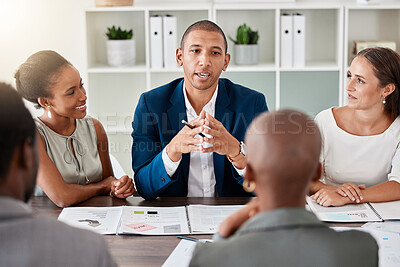 Buy stock photo Leadership, ceo or b2b with teamwork, collaboration and planning with meeting for vision and mission for company. Business meeting with conversation in office for strategy, growth and development