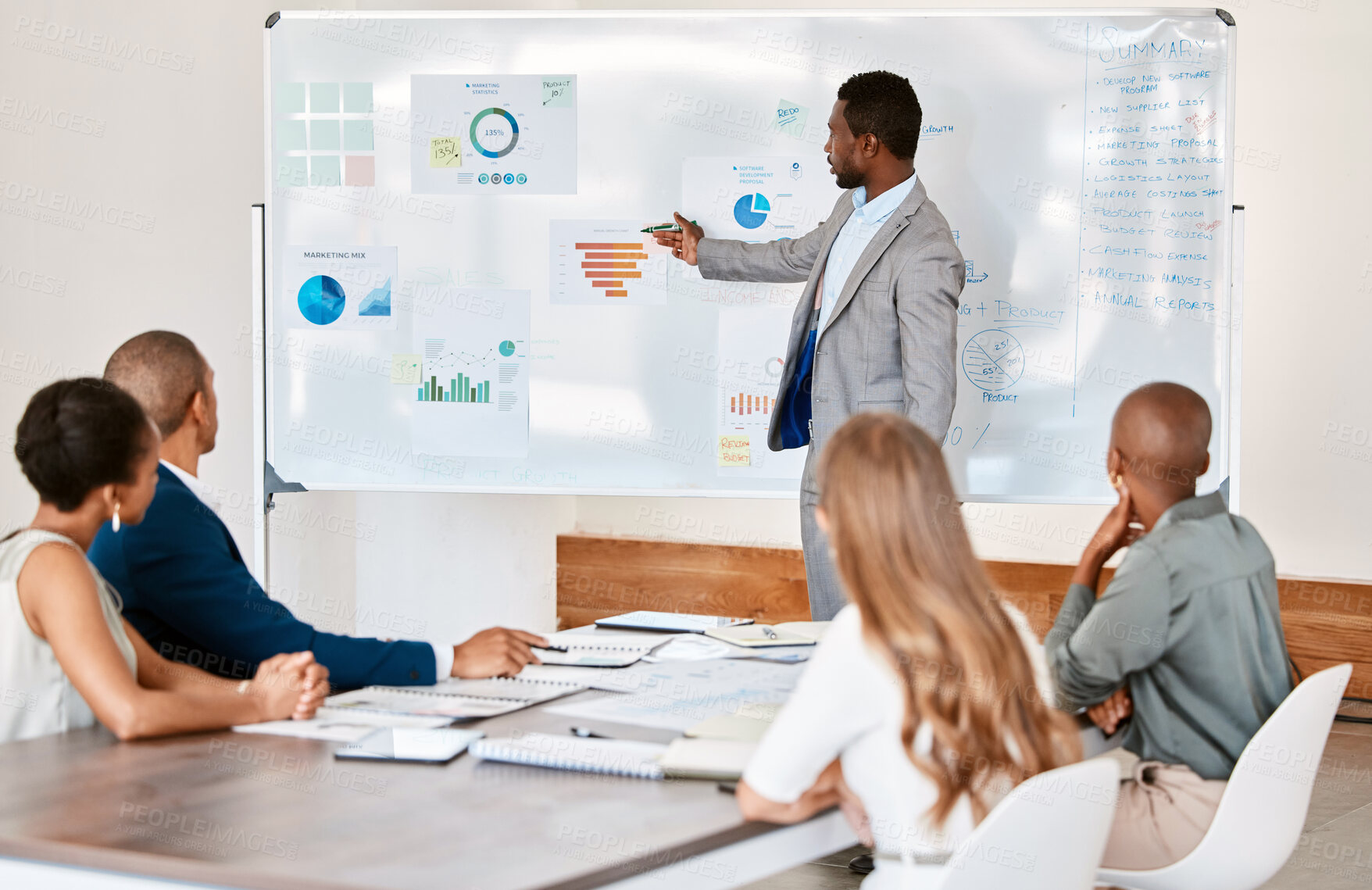 Buy stock photo Presentation, training and workshop with a leader, manager or CEO and his team meeting in the boardroom. Teamwork, strategy and planning for the growth, development and mission of their company