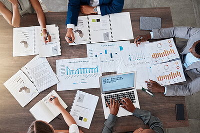 Buy stock photo Meeting, planning and finance with a team of business people discussing a report, contract or paper document. Above teamwork or conversation in boardroom meeting for strategy, growth and development
