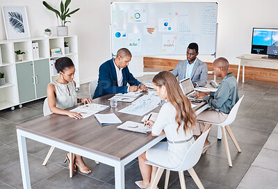 Buy stock photo Business people working on documents and laptop at a office boardroom table. Group of professional, diversity and analysts browsing ideas online and planning and teamwork to prepare in a b2b meeting