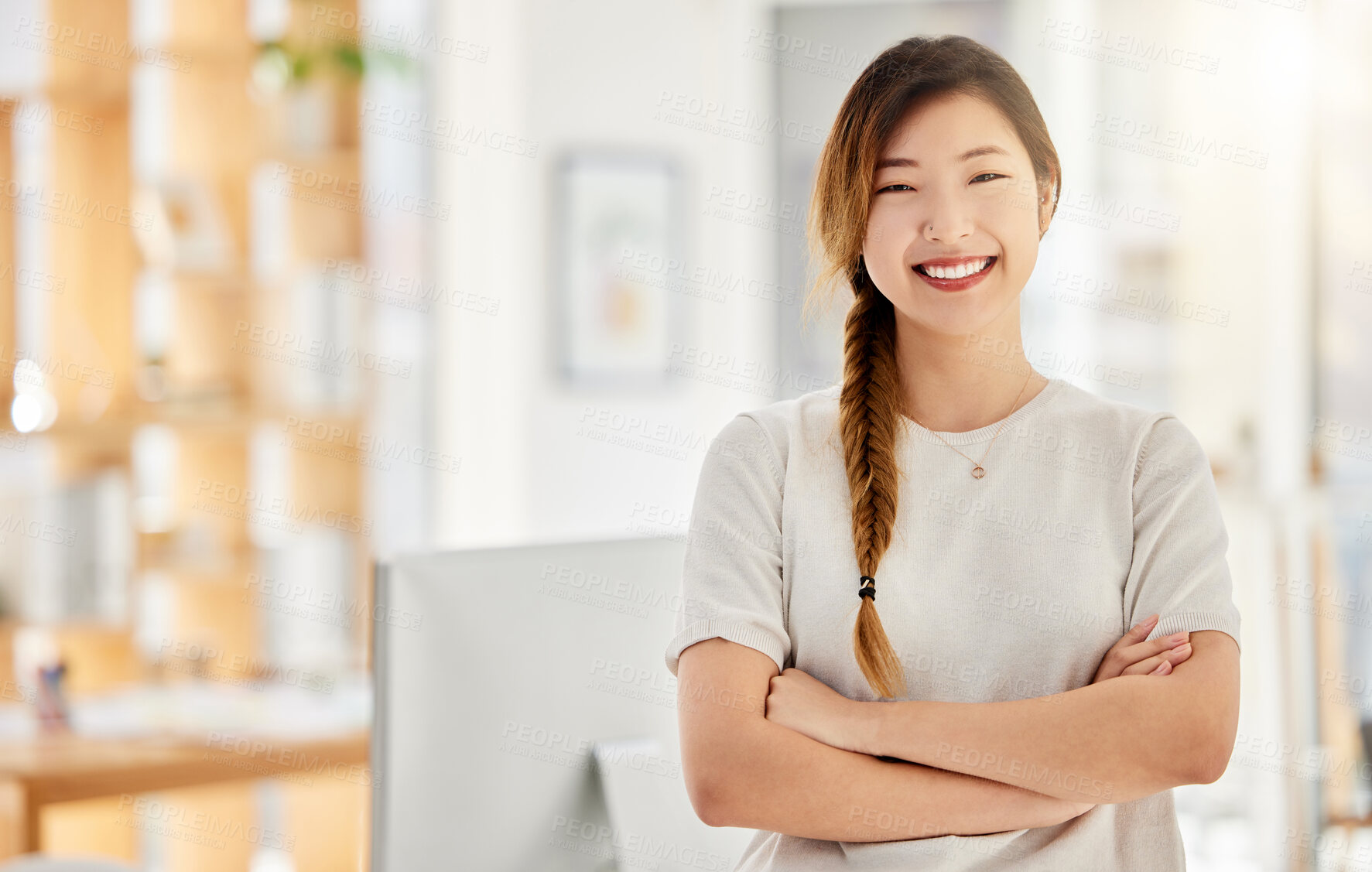 Buy stock photo Vision, business and goals by proud asian corporate employee working on design and marketing in an office. Portrait of a happy, smiling entrepreneur excited about startup success and career mission